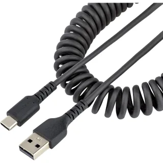 StarTech 20in (50cm) USB A to C Charging Cable, Coiled Heavy Duty Fast Charge & Sync USB-C Cable, High Quality USB 2.0 A to Type-C, Rugged Aramid Fiber, TPE, 3A, S20, iPad, Pixel - Durable Male to Male USB - USB cable - USB (M) to USB-C (M) - USB 2.0 - 3 A - 50 cm - coiled - black