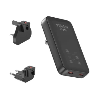 USBC Dual Fast Charger with EU Plug adapter - dual USB C socket - from MFI certified factory - Interchangeable EU CEE 7/7 schuko plug and UK plug included - outputs 65 w from main port - if second port used output drops to 45 w and second port outputs 10 w - GaN technology makes this very small 46 x 46 x 28 mm - fast charges most devices - powers new laptops - black