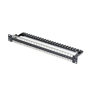 Startech - Blank keystone patch panel - with cable management bar, for RJ45 - wall mountable, rack mountable - CAT 6a/8 - STP/UTP - black - 1U - 19" - 48 ports - TAA Compliant