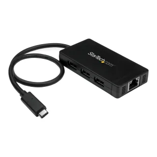 Startech 3 Port USB C Hub with Ethernet - USB-C to 3x USB-A w/ Power Adapter & Gigabit Ethernet - Thunderbolt 3 Compatible - USB C Network Adapter (HB30C3A1GE) - Hub - 3 x SuperSpeed USB 3.0 + 1 x 10/100/1000 - desktop