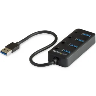 Startech 4 Port USB 3.0 Hub, USB-A to 4x USB 3.0 Type-A with Individual On/Off Port Switches, SuperSpeed 5Gbps USB 3.1/USB 3.2 Gen 1, USB Bus Powered, Portable, 9.8" Attached Cable - Windows/macOS/Linux (HB30A4AIB) - Hub - 4 x USB 3.1 Gen 1 - desktop - for P/N: HB30C4AIB