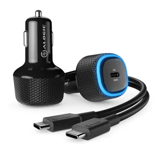 60W Car Charger USB-C Ports Fast Charging 1m Cable