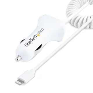 Startech Lightning Car Charger with 1m Coiled Lightning Cable, 12W, White, 2 Port USB Car Charger Adapter for Phones and Tablets, In Car Apple iPhone/iPad Charger w/ Built-in Cord - Dual USB Car Charger (USBLT2PCARW2)