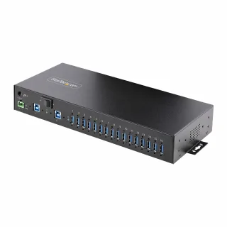 Startech 16-Port Industrial USB 5Gbps Hub with Power Adapter, Metal Enclosure, Mountable, ESD Protection, Terminal Block Power, USB Charging, Dual-Host Switch - TAA - Hub - 16 x USB 3.2 Gen 1 - desktop, rack-mountable, DIN rail mountable, wall-mountable - TAA Compliant