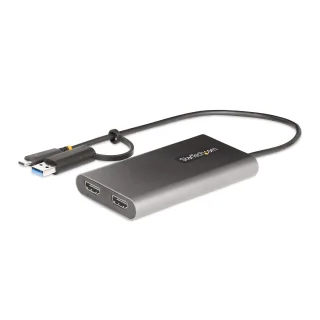 Startech USB-C to Dual-HDMI Adapter, USB-C or A to 2x HDMI, 4K 60Hz, 100W PD Pass-Through, 1ft (30cm) Built-in Cable, External Video Graphics Adapter - USB to HDMI Multi-Monitor Converter for Laptop (109B-USBC-HDMI) - Adapter - TAA Compliant - USB Type A, USB-C male to 2 x 19 pin HDMI Type A, USB-C female - 30 cm - grey - 4K support, active