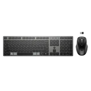 HP 725 - Keyboard and mouse set - multi-device, rechargeable, powered by SuperCapacitor - full size - wireless - Bluetooth, 2.4 GHz - UK - nightfall black - Smart Buy