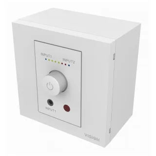 Modular AV faceplate audio amplifier - 2 x 25w (RMS at 8 ohms) - two inputs (input 1 duplicated on front) - remote control - comes on at preset level or resume previous volume - UK surround and backbox included - can drive two pairs of speakers