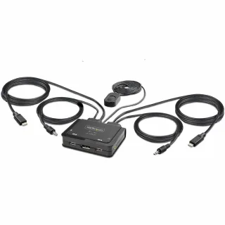 Startech 2-Port USB-C Cable KVM Switch, 4K 60Hz DisplayPort Output, Compact KVM with 4ft/1.2m USB Type-C/Audio Integrated Cables, Bus Powered - Remote Push-Button/Hotkey Switching (C2-D46-UC2-CBL-KVM)