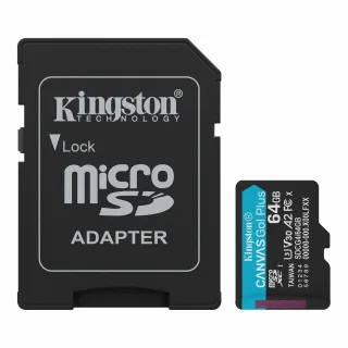 Kingston Canvas Go! Plus - Flash memory card (microSDXC to SD adapter included) - 64 GB - A2 / Video Class V30 / UHS-I U3 / Class10 - microSDXC UHS-I