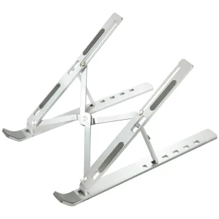 Laptop folding desk stand - folding design for travel - seven angle options - steepest angle 39 degrees - abs plastic construction is 66 grams lighter than aluminium alloy alternatives - weighs 171 grams - silicon anti skid pads protect laptop and table - silver