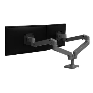 Dual monitor arm - For screens sized up to 27" - Weight Capacity: Individual monitor weight = 4–20 lbs (1.8–9 kg). Total weight capacity = 8–40 lbs (3.6–18.1 kg). Monitor depth greater than 3.6" (9 cm) may diminish capacity - Dark Grey - Desk-mountable (2-piece desk clamp)