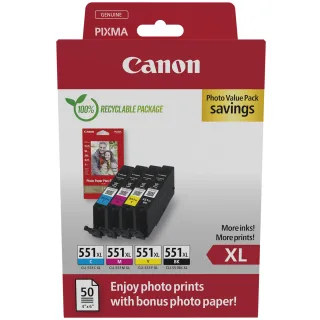 Canon CLI-551XL C/M/Y/BK Photo Value Pack - 4-pack - 11 ml - XL - yellow, cyan, magenta, black - original - box - ink tank / paper kit