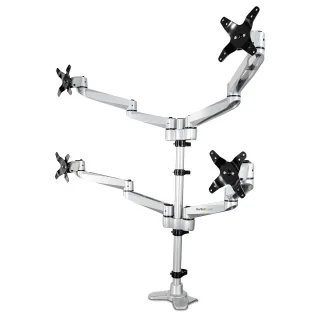 Startech Desk Mount Quad Monitor Arm, Premium Articulating VESA 4 Monitor Mount 2x2 up to 27", Ergonomic Height Adjustable Pole Mount, Tilt/Swivel/Rotate, C-Clamp/Grommet, Silver - Heavy-duty VESA Mount (ARMQUADPS) - Mounting kit - adjustable arm - for 4 monitors - aluminium - silver - screen size: 13"-27" - desk-mountable - TAA Compliant