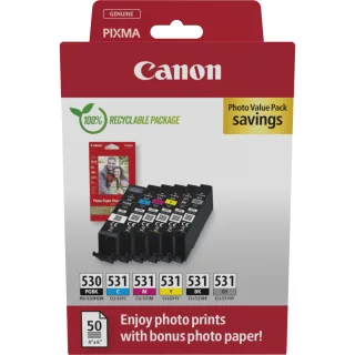 Canon PGI-530/CLI-531 PGBK/C/M/Y/BK/GY Photo Value Pack - 6-pack - pigmented black, black, cyan, magenta, yellow, grey - original - hanging box - ink cartridge / paper kit