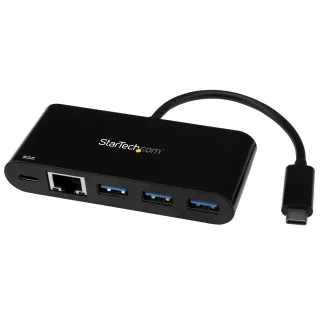 Startech 3 Port USB-C Hub with Gigabit Ethernet & 60W Power Delivery Passthrough Laptop Charging, USB-C to 3x USB-A (USB 3.0 SuperSpeed 5Gbps), USB 3.1/USB 3.2 Gen 1 Type-C Adapter Hub - Windows/macOS/Linux (HB30C3AGEPD) - Hub - 3 x SuperSpeed USB 3.0 + 1 x 10/100/1000 - desktop