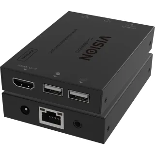 HDMI and USB over IP Receiver - receiver only, transmitter needs to be purchased separately - transmits HDMI one to one or one to many - transmits USB 1.1 - plug and play - IR pass though - if just one receiver you can connect directly and bypass network - maximum resolution HD 1920x1200 at 60 Hz - HDCP compliant - supports audio carried with HDMI signal - high quality h265 compression - latency < 120ms - maximum length point to point 150 m - auto standby to allow display to sleep - black