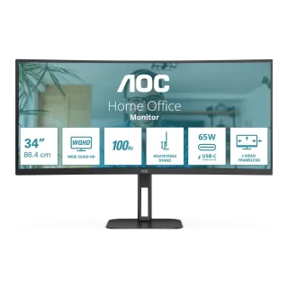 AOC Value-line CU34V5C/BK - V5 series - LED monitor - curved - 34" - 3440 x 1440 WQHD @ 100 Hz - VA - 300 cd/m² - 3000:1 - 4 ms - HDMI, DisplayPort, USB-C - speakers - matte black