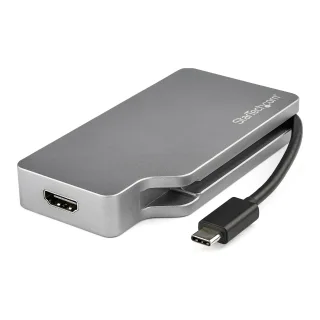 Startech USB C Multiport Video Adapter with HDMI, VGA, Mini DisplayPort or DVI, USB Type C Monitor Adapter to HDMI 1.4 or mDP 1.2 (4K), VGA or DVI (1080p), Silver Aluminum Adapter - 4-in-1 USB-C Converter (CDPVGDVHDMDP) - Adapter - USB-C male to HD-15 (VGA), DVI-D, HDMI, Mini DisplayPort female - 10.5 cm - silver - 4K support, active
