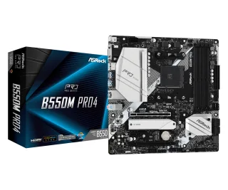 ASRock B550M Pro4 AMD AM4 Socket Motherboard, Micro-ATX, 4x DDR4 Slots, 2x M.2 Sockets, GbE LAN, 1x D-Sub / 1x DisplayPort / 1x HDMI Port
