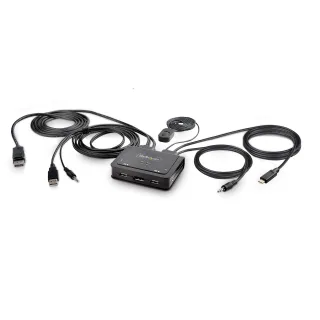 Startech 2-Port Hybrid USB-C DisplayPort Cable KVM Switch, 4K 60Hz, Compact KVM with 6ft/1.8m USB-A/DisplayPort/Audio & 4ft/1.2m USB-C Integrated Host Cables, Bus Powered - Remote Push Button/Hotkey Switching (C2-D46-UAC-CBL-KVM) - KVM / audio / USB switch - compact - 2 x KVM / audio / USB - 1 local user - desktop