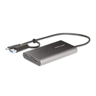 Startech USB-C to Dual-HDMI Adapter, USB-C or A to 2x HDMI, 4K 60Hz, 100W PD Pass-Through, 1ft (30cm) Built-in Cable, External Video Graphics Adapter - USB to HDMI Multi-Monitor Converter for Laptop (109B-USBC-HDMI) - Adapter - TAA Compliant - USB Type A, USB-C male to 2 x 19 pin HDMI Type A, USB-C female - 30 cm - grey - 4K support, active