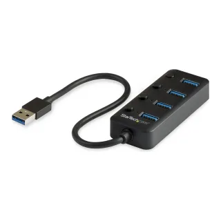 Startech 4 Port USB 3.0 Hub, USB-A to 4x USB 3.0 Type-A with Individual On/Off Port Switches, SuperSpeed 5Gbps USB 3.1/USB 3.2 Gen 1, USB Bus Powered, Portable, 9.8" Attached Cable - Windows/macOS/Linux (HB30A4AIB) - Hub - 4 x USB 3.1 Gen 1 - desktop - for P/N: HB30C4AIB