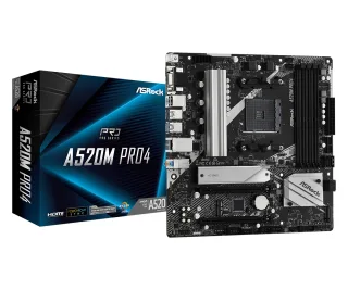 ASRock A520M PRO4 Super Alloy AMD AM4 Socket Motherboard, Micro-ATX, 4x DDR4 Slots, 1x M.2 Socket, GbE LAN, 1x D-Sub / 1x DisplayPort / 1x HDMI Port