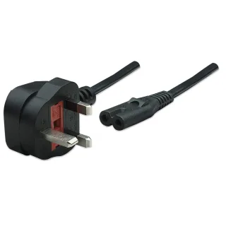 Manhattan 322843 Power Cable/Cord UK 3PIN/C7 Fem -Figure of 8 1.8M Black Polybag