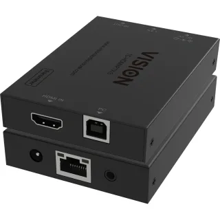 HDMI and USB over IP Transmitter - transmitter only, receiver needs to be purchased separately - transmits HDMI one to one or one to many - transmits USB 1.1 - plug and play - ir pass though - maximum resolution hd 1920x1200 at 60 Hz - HDCP compliant - supports audio carried with HDMI signal - high quality h265 compression - latency < 120ms - maximum length point to point 150 m - auto-standby to allow display to sleep - black