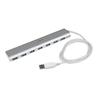 Startech 7 Port Compact USB 3.0 Hub with Built-in Cable - Aluminum USB Hub - Silver USB3 Hub with 20W Power Adapter (ST73007UA)