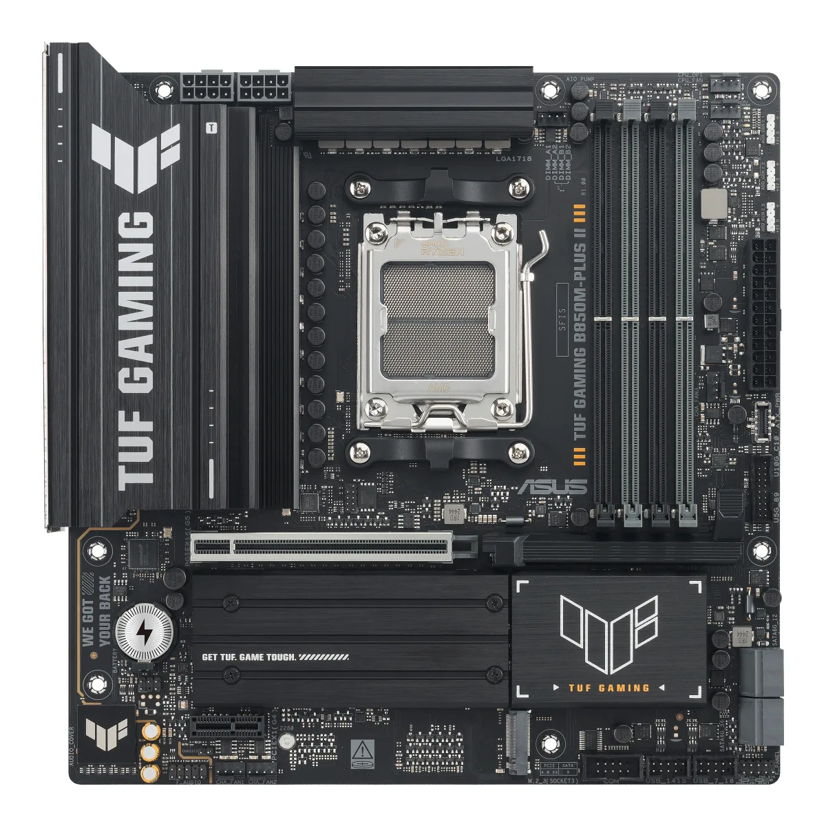 ASUS TUF GAMING B850M-PLUS II - Motherboard - micro ATX - Socket AM5 - AMD B850 Chipset - USB-C 3.2 Gen 2x2, USB-C 3.2 Gen2, USB 3.2 Gen 2, USB 3.2 Gen 1 - 2.5 Gigabit LAN - onboard graphics (CPU required) - HD Audio (8-channel)