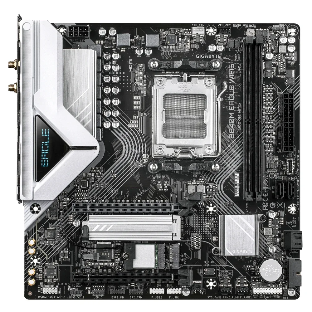 Gigabyte B840M EAGLE WIFI6 AMD AM5 Socket Motherboard, Micro-ATX, 2x DDR5 Slots, 2x M.2 Sockets, Fitted I/O Shield, 2.5GbE LAN, Wi-Fi 6, 1x DisplayPort / 1x HDMI Port