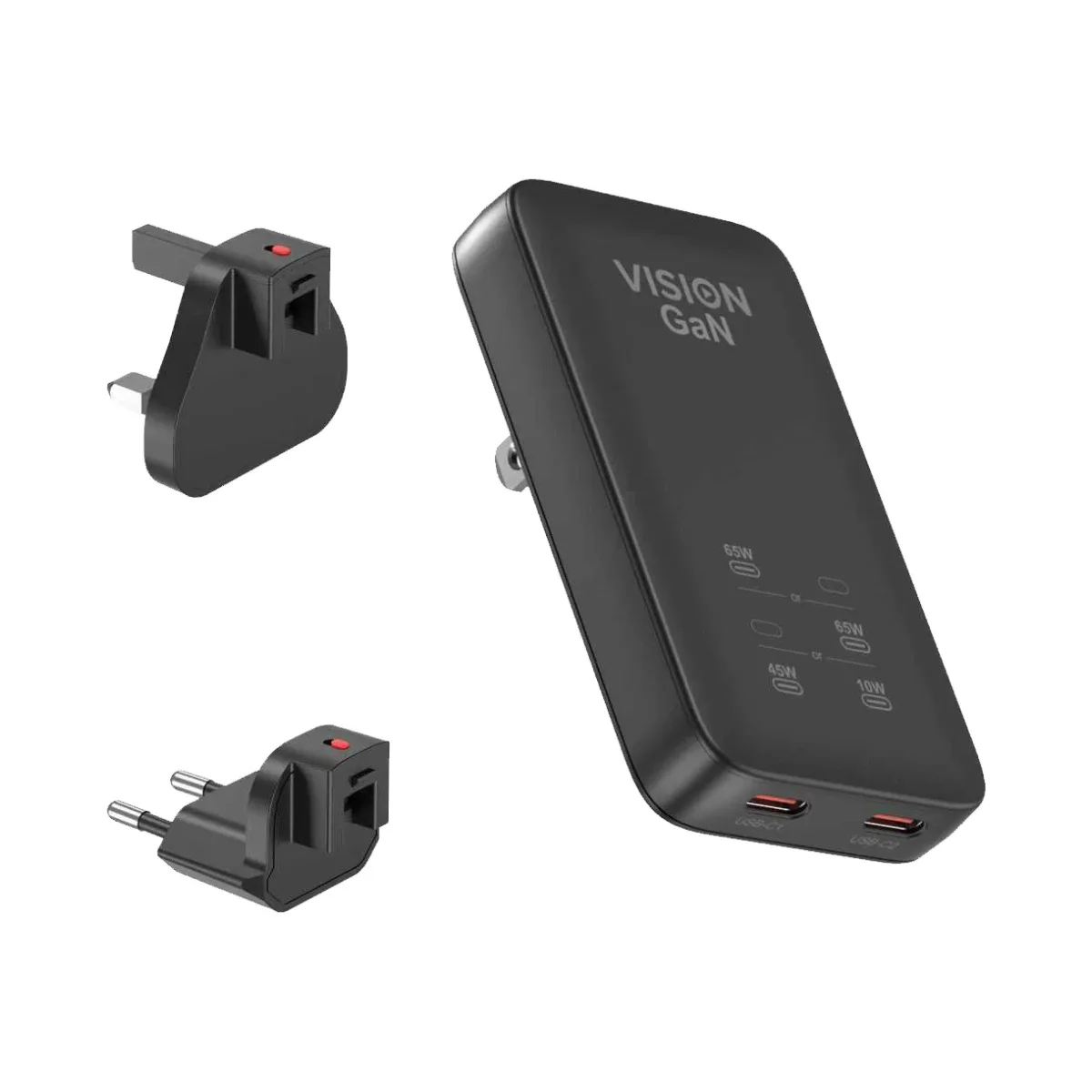USBC Dual Fast Charger with EU Plug adapter - dual USB C socket - from MFI certified factory - Interchangeable EU CEE 7/7 schuko plug and UK plug included - outputs 65 w from main port - if second port used output drops to 45 w and second port outputs 10 w - GaN technology makes this very small 46 x 46 x 28 mm - fast charges most devices - powers new laptops - black