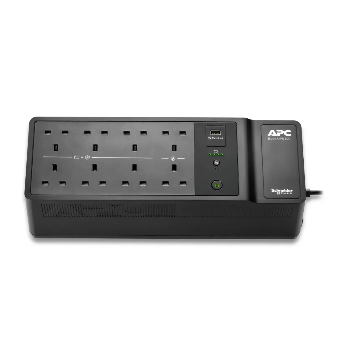 APC Back-UPS BE Series BE500G2 - UPS (wall mountable / surface mountable) - USB Type A - AC 230 V - 300 Watt - 500 VA - 9 Ah - output connectors: 8 - United Kingdom - black