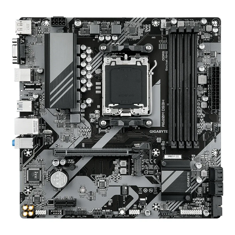 Gigabyte A620M DS3H Ultra Durable AMD AM5 Socket Motherboard, Micro-ATX, 4x DDR5 Slots, 1x M.2 Socket, 1x USB-C Port, GbE LAN, 1x D-Sub / 1x DisplayPort / 1x HDMI Port