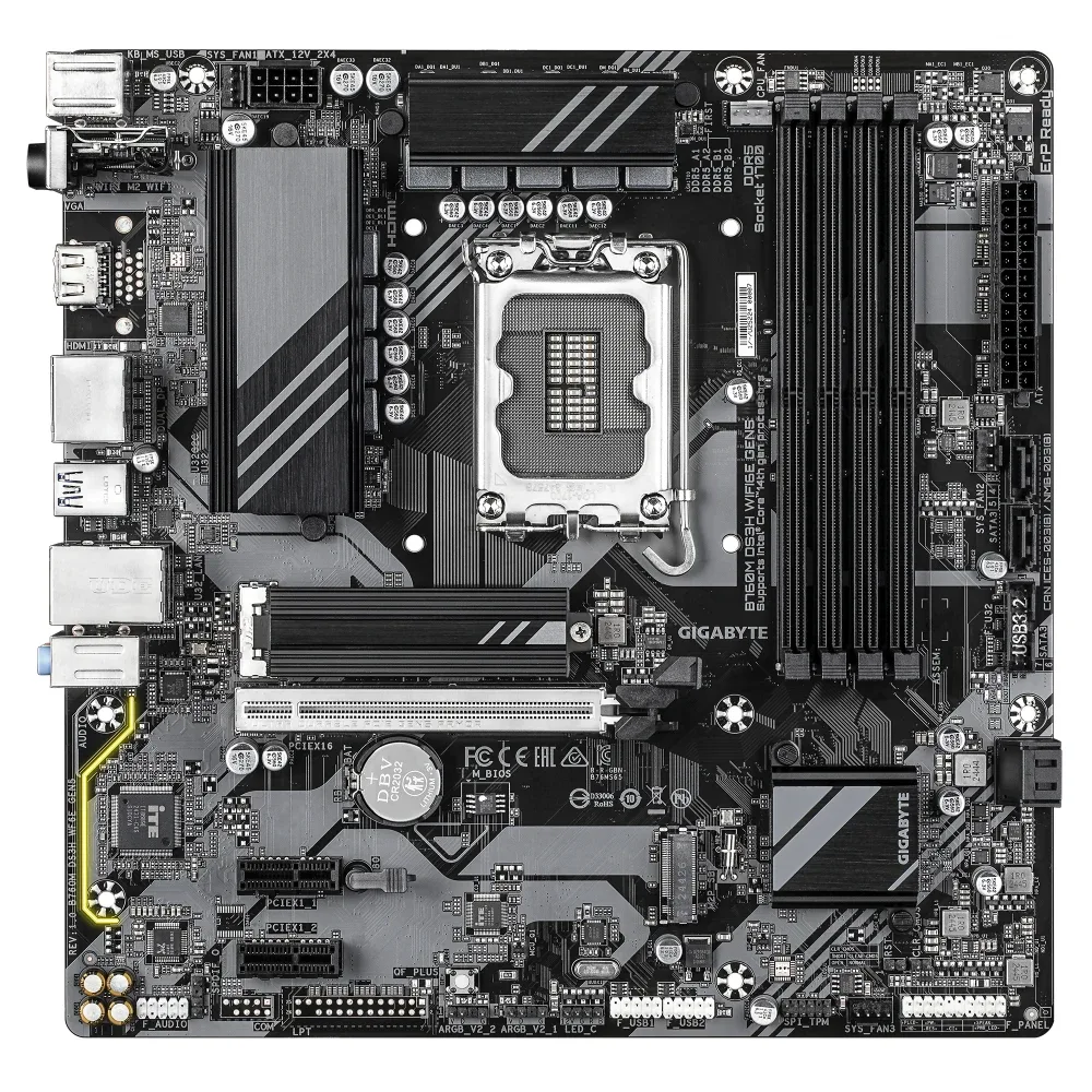 Gigabyte B760M DS3H WIFI6E GEN5 Intel 1700 Socket Motherboard, Micro-ATX, 4x DDR5 Slots, 2x M.2 Sockets, 2.5GbE LAN, Wi-Fi 6E, 1x HDMI Port / 2x DisplayPorts