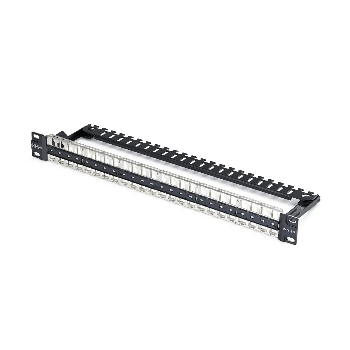 Startech - Blank keystone patch panel - with cable management bar, for RJ45 - wall mountable, rack mountable - CAT 6a/8 - STP/UTP - black - 1U - 19" - 48 ports - TAA Compliant