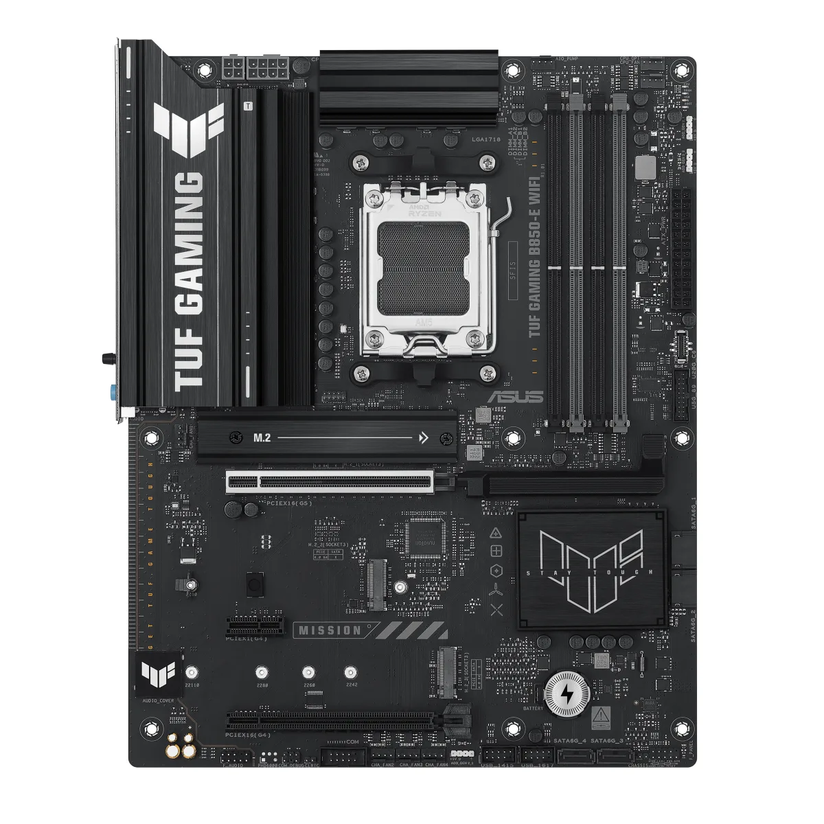 ASUS TUF GAMING B850-E WIFI - Motherboard - ATX - Socket AM5 - AMD B850 Chipset - USB-C 3.2 Gen2, USB 3.2 Gen 1, USB 3.2 Gen 2, USB-C 3.2 Gen 2x2, USB4 - Wi-Fi 6E, 2.5 Gigabit LAN, Bluetooth - onboard graphics (CPU required) - HD Audio (8-channel)