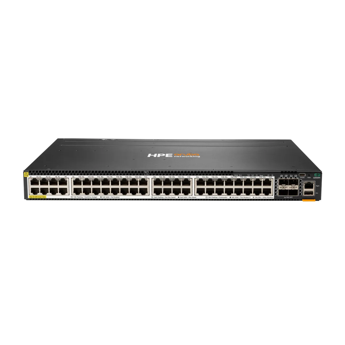 HPE Aruba 6300M - Switch - L3 - Managed - 48 x 100/1000/2.5G/5G (PoE+) + 4 x 1 Gigabit / 10 Gigabit / 25 Gigabit / 50 Gigabit SFP56 (uplink / stacking) - front and side to back - rack-mountable - PoE+ (2880 W)