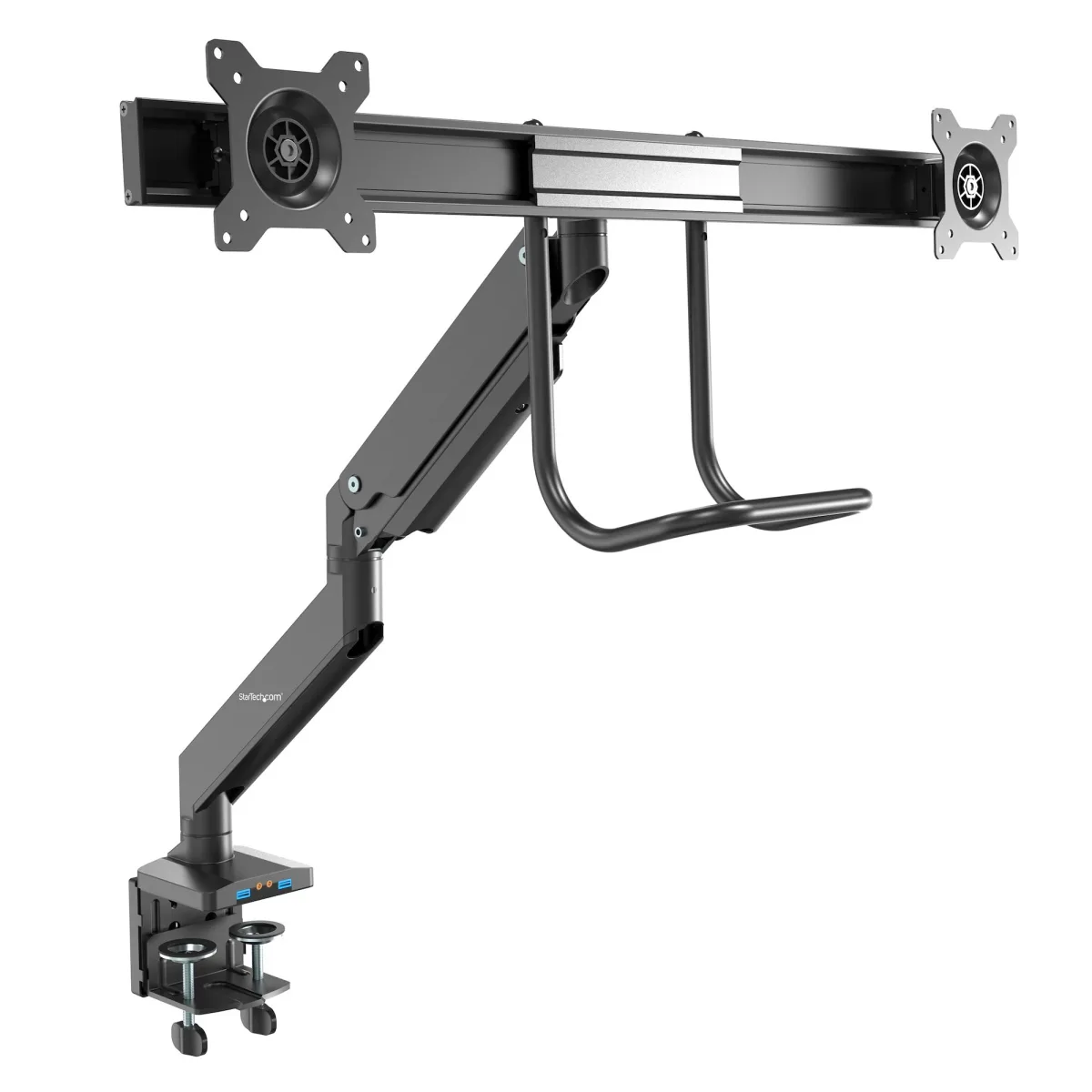 Startech Desk Mount Dual Monitor Arm with USB & Audio, Slim Full Motion Adjustable Dual Monitor VESA Mount for 32" Displays (8kg/screen), Ergonomic Articulating, Desk Clamp or Grommet - One-touch Adjustment (ARMSLIMDUAL2USB3) - Mounting kit - adjustable arm - for 2 monitors - aluminium - black - screen size: up to 32" - desk-mountable