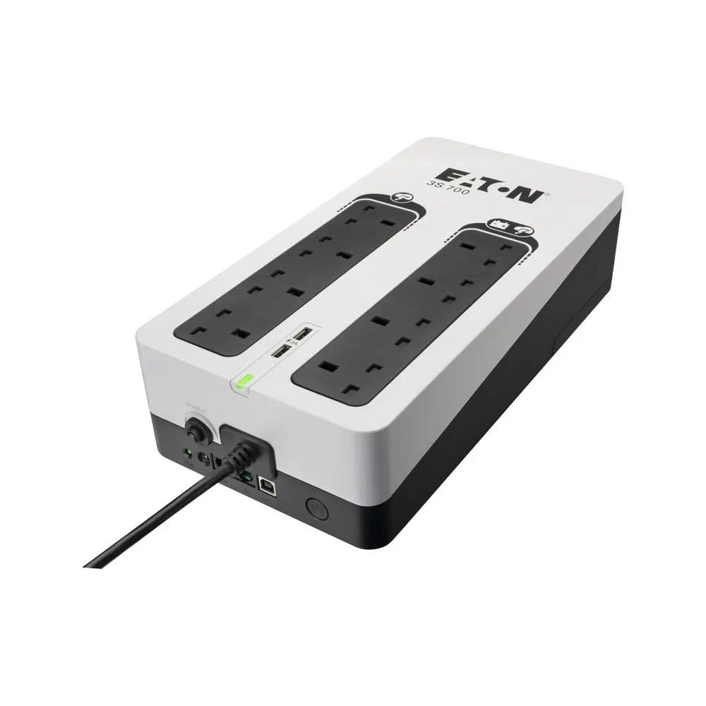 Eaton 3S Gen2 - UPS - BS, (4) UK, (4) UK surge only, USB charge (2), tower - AC 220/230/240 V - 420 Watt - 700 VA - 1-phase - 7 Ah - USB - output connectors: 8 - United Kingdom - black / white