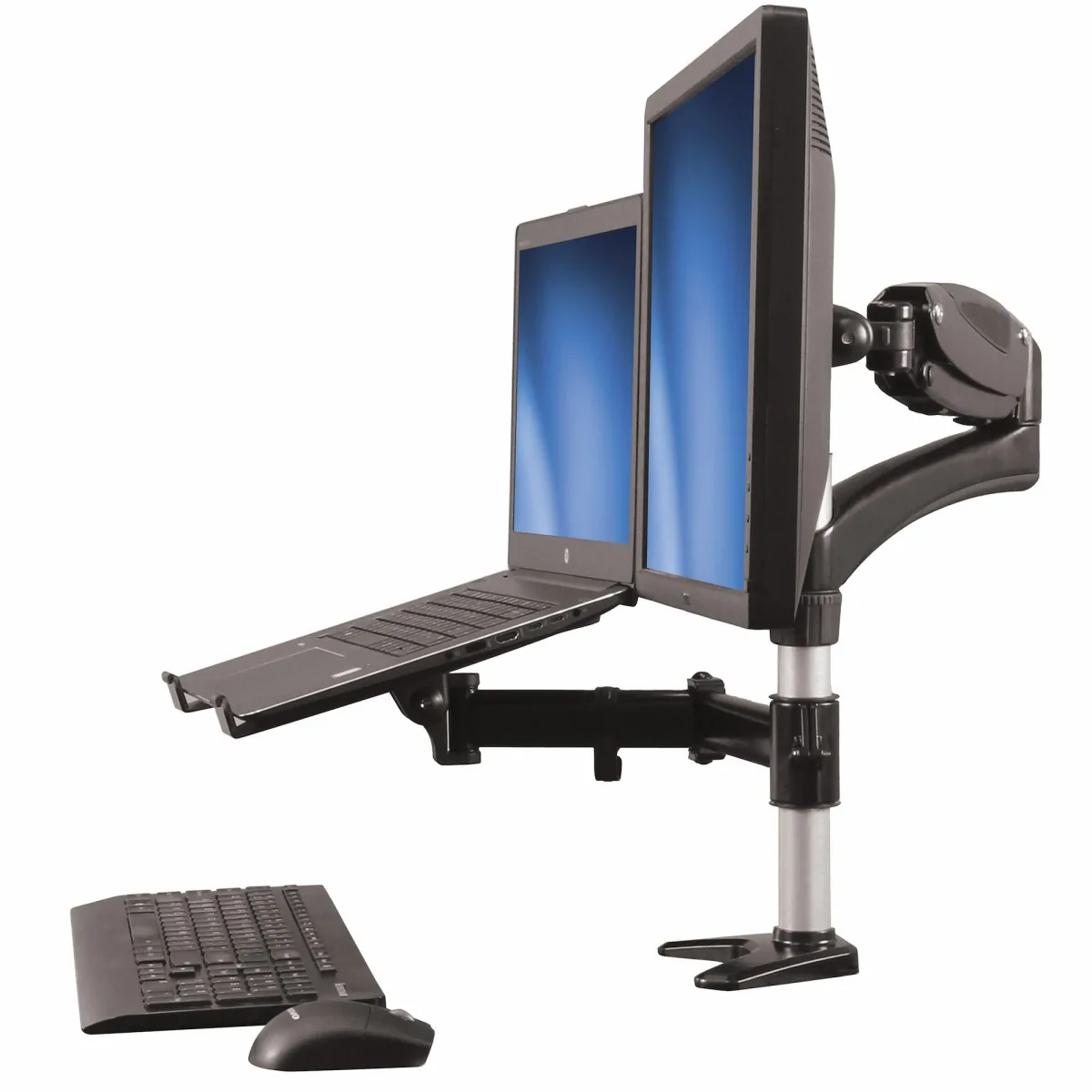 Startech Laptop Monitor Stand - Computer Monitor Stand - Full Motion Articulating - VESA Mount Monitor Desk Mount - Mounting kit (pole clamp, rubber pad, laptop shelf, spring arm, swivel arm, 4 spacers, cable management clip, screws, key) - adjustable arm - for LCD display / notebook - aluminium - black - screen size: 15"-27" - desk-mountable