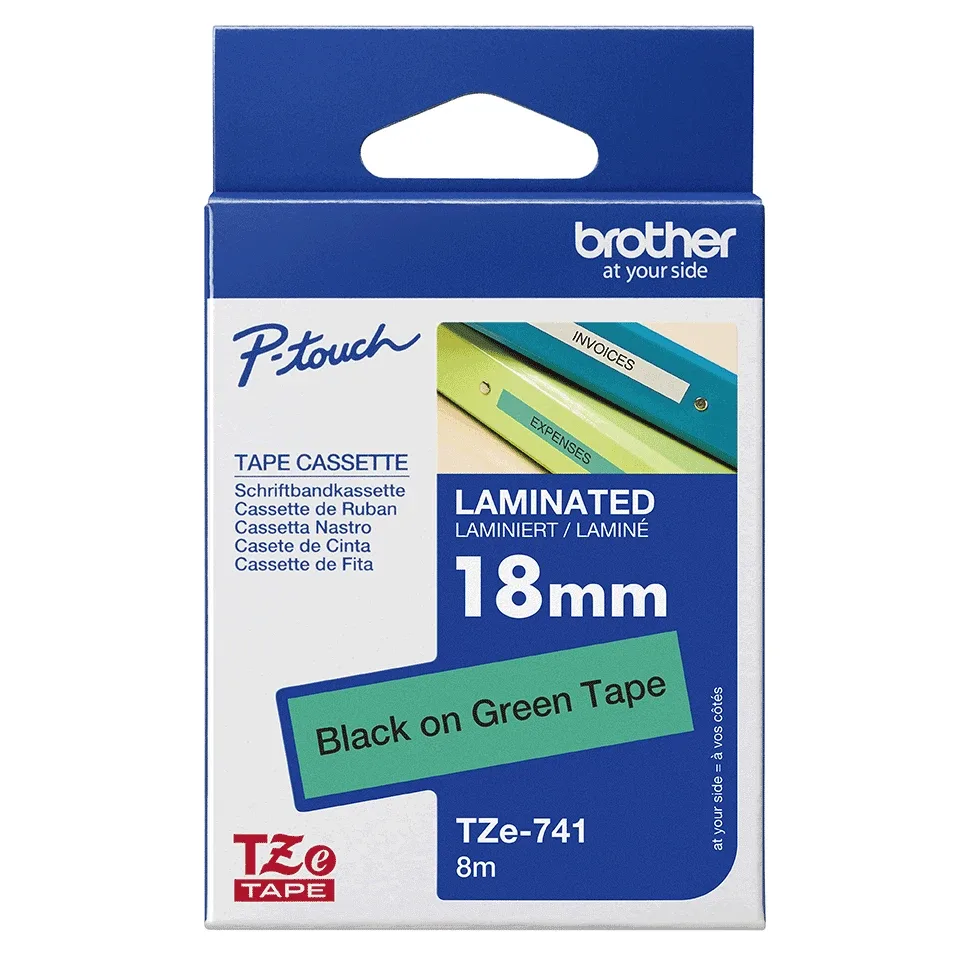 Brother TZe-741 - Self-adhesive - black on green - Roll (1.8 cm x 8 m) 1 cassette(s) laminated tape - for Brother PT-P750, P950, P-Touch PT-2470, 3600, D450, D800, H500, P-Touch Cube Plus PT-P710