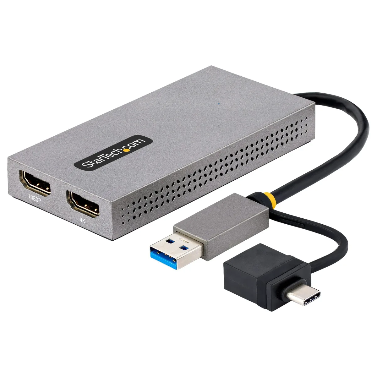 Startech USB to Dual HDMI Adapter, USB A/C to 2x HDMI Monitors (1x 4K 30Hz, 1x 1080p), Integrated USB-A to C Dongle, 4in/11cm Cable, Windows & macOS - USB 3.0 to HDMI Multi-Monitor Display Adapter for Laptop (107B-USB-HDMI) - Adapter - USB Type A, USB-C male to 2 x 19 pin HDMI Type A female - grey - 4K support