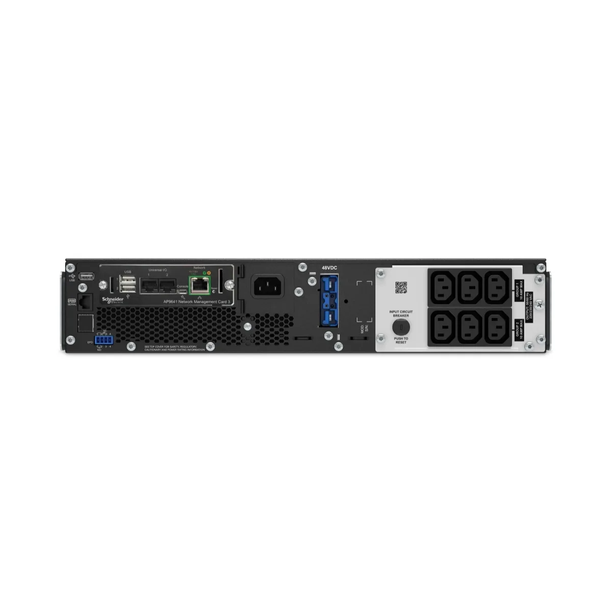 APC Smart-UPS SRT 1500VA RM - UPS (rack-mountable) - AC 230 V - 1500 watt - 1500 VA - Ethernet 10/100, USB, serial - output connectors: 6 - PFC - 2U - black - with APC UPS Network Management Card AP9641