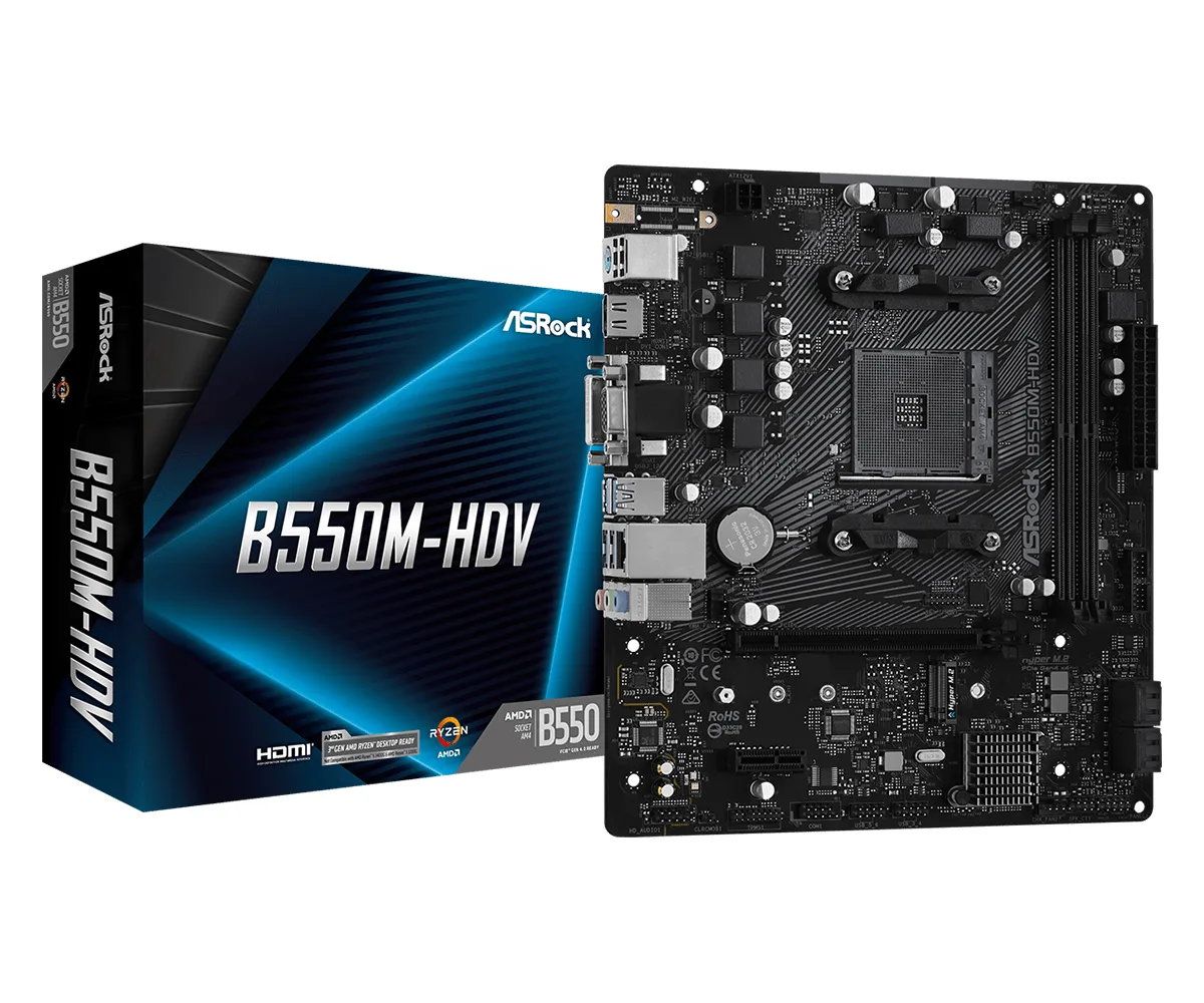ASRock B550M-HDV AMD AM4 Socket Motherboard, Micro-ATX, 2x DDR4 Slots, 1x M.2 Socket, GbE LAN, 1x D-Sub / 1x DVI-D / 1x HDMI Port