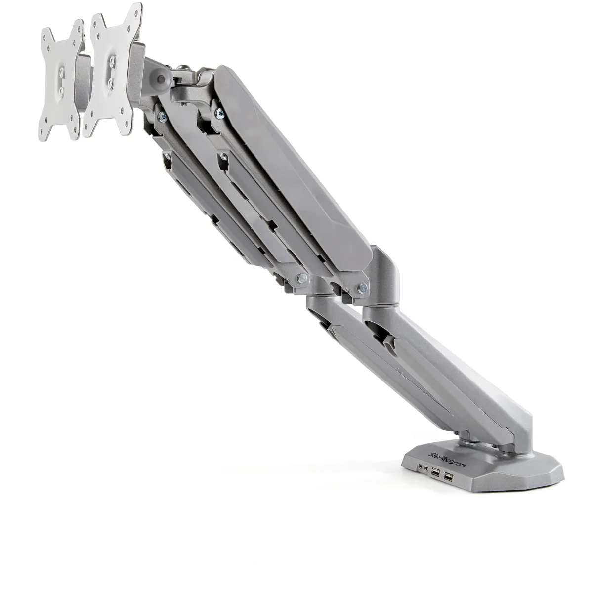 Startech Desk Mount Dual Monitor Arm with USB & Audio, Grommet/Desk Clamp VESA Mount for up to 32 inch Displays, 2x USB, 2x 3.5mm audio, Ergonomic Full Motion Dual Monitor Arm, Silver - One-touch Adjustment (ARMSLIMDUOS)