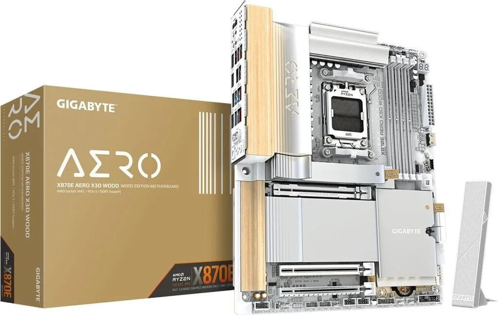 Gigabyte X870E AERO X3D WOOD AMD AM5 Socket Motherboard, ATX, 4x DDR5 Slots, 4x M.2 Sockets, Fitted I/O Shield, 2x 5GbE LAN, Wi-Fi 7, 1x HDMI Port / 2x USB-C (USB4)