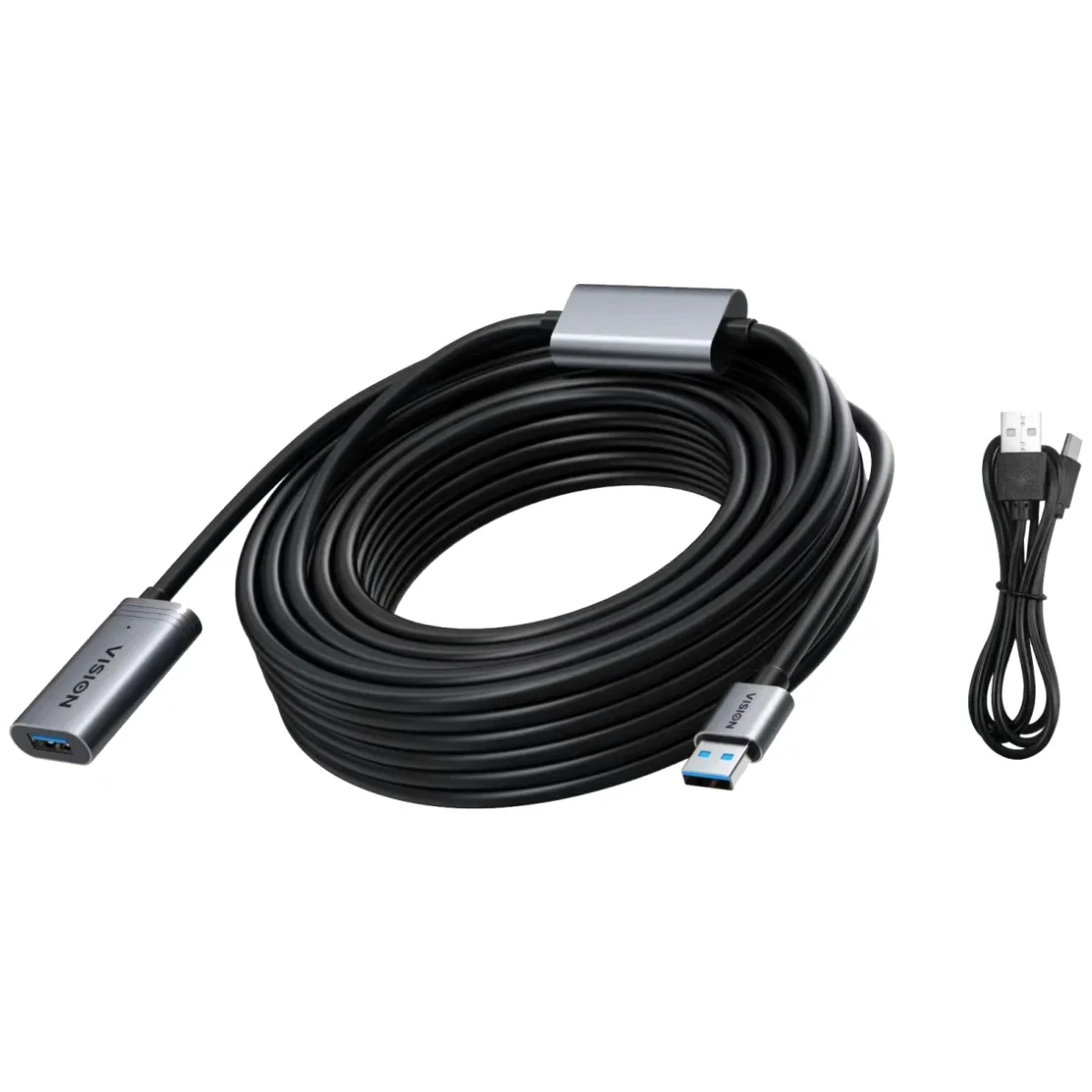 10 m USB 3.0 active extension cable - nickle plated connectors - bandwidth 3 Gbps - includes USB cable if additional boost power required - over 65 percent coverage braided shield - USB A (f) to USB A (m) - outer diameter 6.0 mm - 26 AWG - includes USB power supply - black