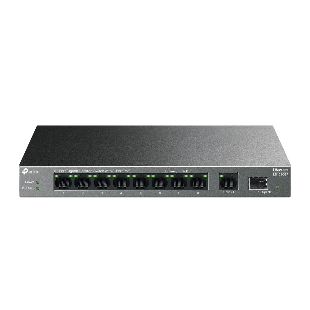 TP-Link LiteWave LS1210GP V1 - Switch - 8 x 10/100/1000 (PoE+) + 1 x 10/100/1000 + 1 x Gigabit SFP - desktop, wall-mountable - PoE+ (61 W)